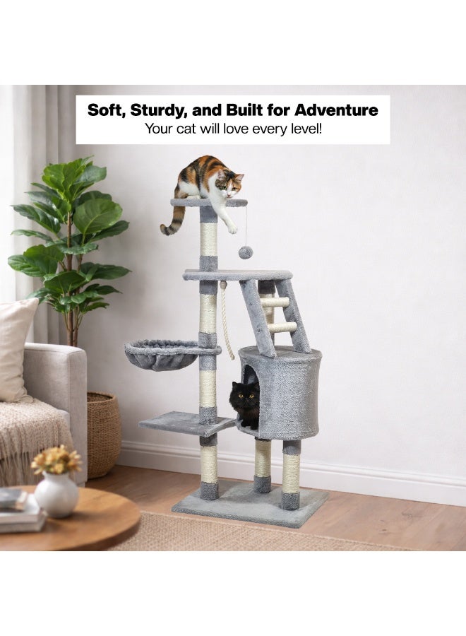 NNC PETS Cat tree tower for Indoor cats & Kittens, Multi-level cat tree activity center with Enclosed cat condo, Plush perch, Cozy Hammock, Sisal scratching post, and Ladder, Easy assembly, 118 cm (Grey) - Image 5